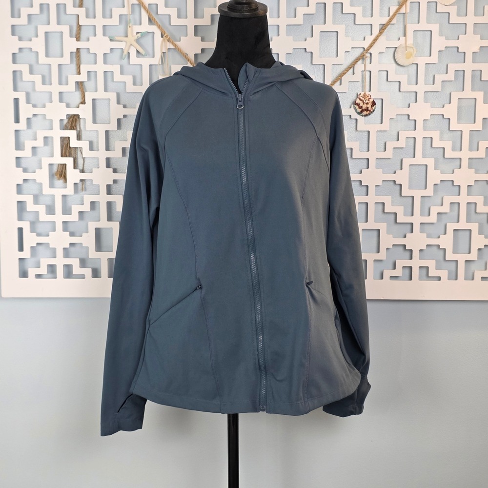 Spyder Active Womens XL Full Zip Hooded Jacket Slate Blue Gray Thumbhole